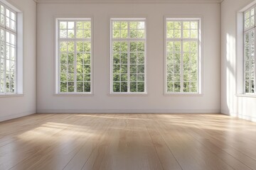 Fototapeta premium Bright empty Room with Large Windows Overlooking Forest, used for architecture and interior designs.