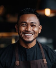 Fototapeta premium Smiling young Filipino man with short hair wearing a black apron and shirt, standing confidently in a modern cafe.