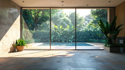 Vacant room with big window overlooking summer yard and pool
