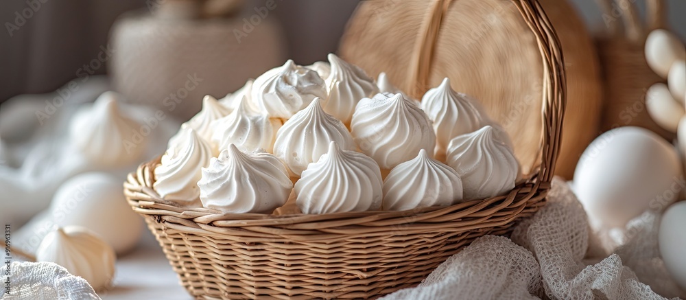 Poster wicker basket filled with meringue cookies made from egg whites selective focus close up isolated co