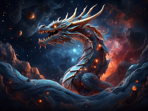 majestic beauty of a dragon gracefully gliding through a cosmic galaxy, landscape with a dragon. Generative AI 
