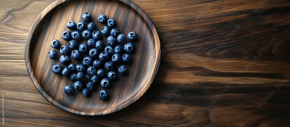 Fototapete blueberries on a wooden plate on a wooden table top view. with copy space image. place for adding te