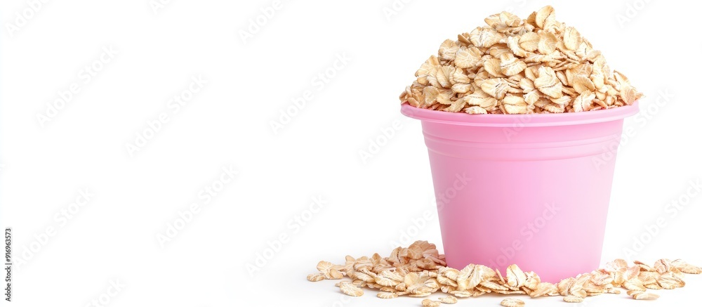 Poster Heap of oat flakes in a pink bucket on a white background Copy space
