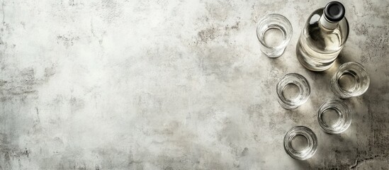 Bottle of vodka and shot glasses on a light grey table viewed from above Room for text. with copy space image. Place for adding text or design