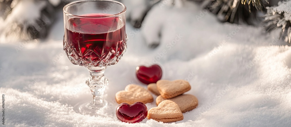 Aufkleber homemade red cherry tincture in a crystal wine glass alongside heart shaped christmas cookies on whi