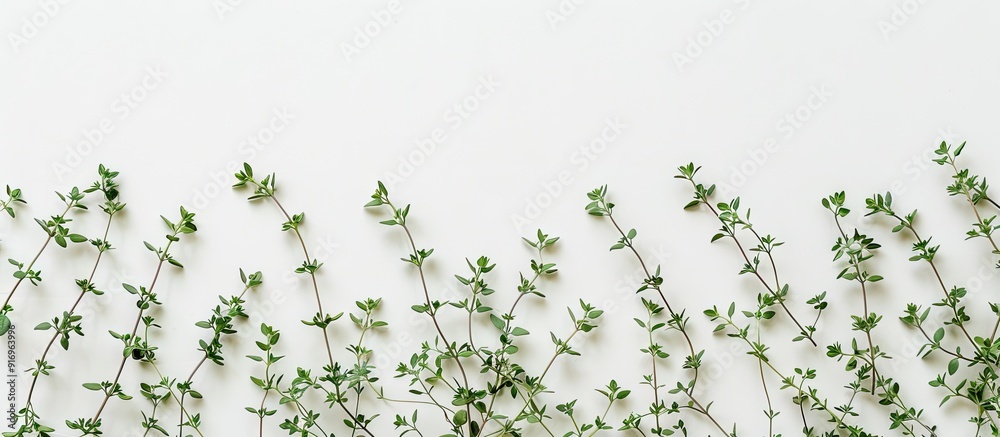 Leinwandbilder Fresh thyme spice isolated against a white background with copyspace for your text Top view Flat lay arrangement