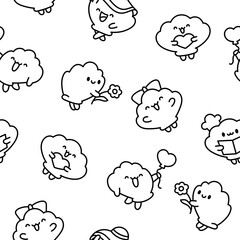 Cute seashell with smiling face. Seamless pattern. Coloring Page. Kawaii cartoon character. Hand drawn style. Vector drawing. Design ornaments.