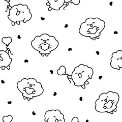 Cute seashell with smiling face. Seamless pattern. Coloring Page. Kawaii cartoon character. Hand drawn style. Vector drawing. Design ornaments.