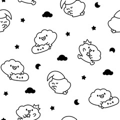 Cute seashell with smiling face. Seamless pattern. Coloring Page. Kawaii cartoon character. Hand drawn style. Vector drawing. Design ornaments.