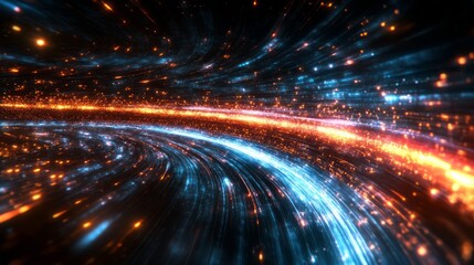 Colorful abstract light trails create a dynamic illusion of movement in a dark space