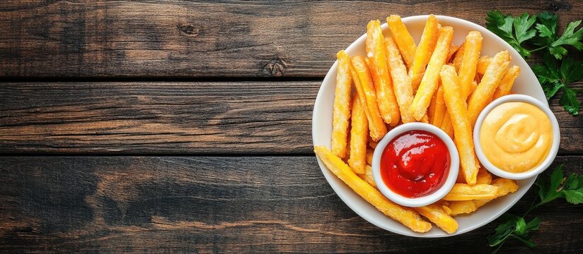 Bowl of corn sticks accompanied by sauces on a wooden table room for text. with copy space image. Place for adding text or design