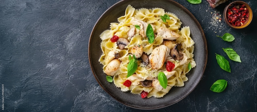 Aufkleber italian creamy pasta with chicken and mushrooms garnished with basil sauce top view classic italian 