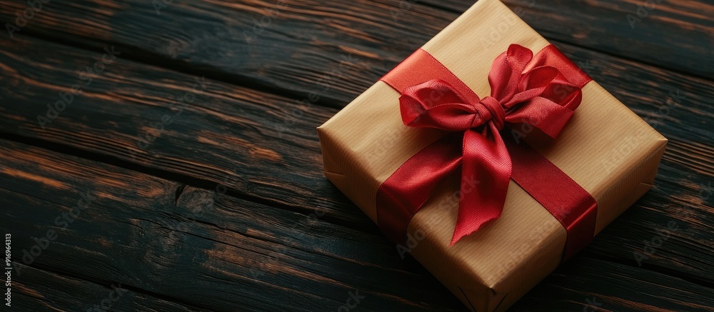 Poster paper gift box tied with a colored ribbon on a dark wood surface top view with copy space for a chri