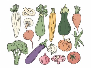 Set of various vegetables simple illustration. AI generated