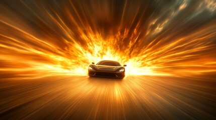 High-speed car racing through a fiery explosion at sunset on a deserted road
