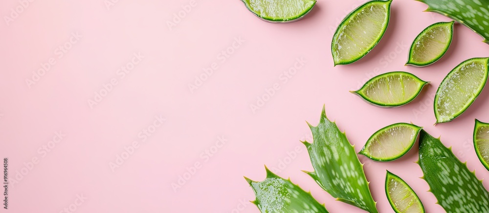 Poster Flat lay arrangement featuring cosmetic products and sliced aloe leaves on a pink background Space for text. with copy space image. Place for adding text or design