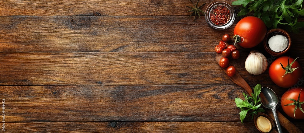 Poster cooking food ingredients on a wooden background. with copy space image. place for adding text or des