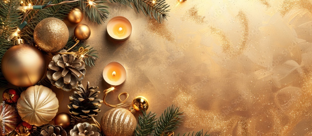 Leinwandbilder christmas arrangement golden decorations on a light background top view flat lay. with copy space im