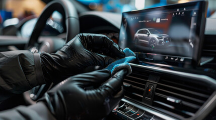 A person is cleaning the dashboard of a car with a blue cloth