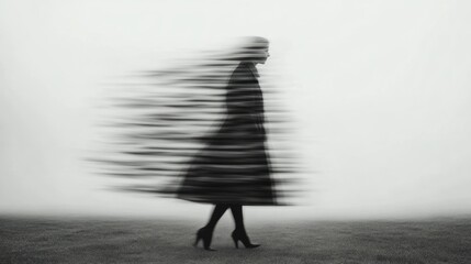 A woman walks through a foggy landscape, her figure blurring into the mist on a chilly evening