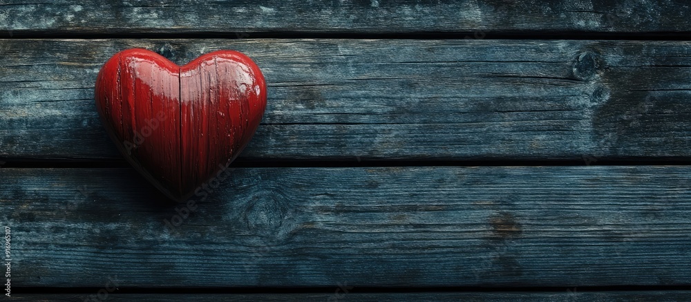 Aufkleber Bright red heart on a dark wooden surface. with copy space image. Place for adding text or design