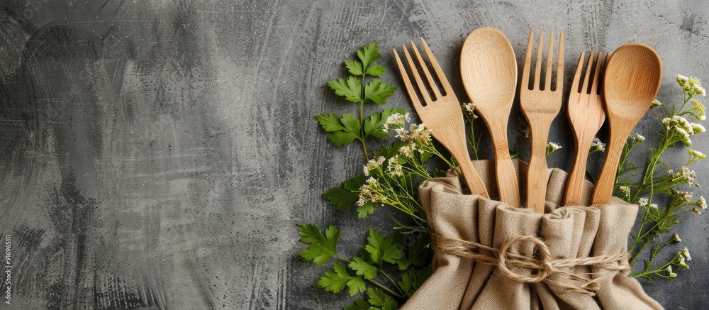 Leinwandbilder wooden forks spoons and knives placed in a craft bag against a green background adorned with sprigs 