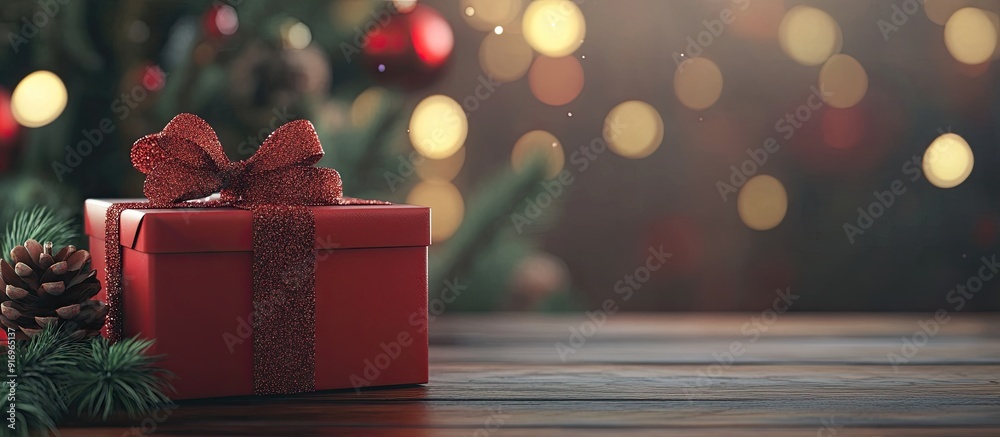 Poster gift box on table festive Christmas backdrop. with copy space image. Place for adding text or design