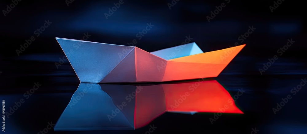 Leinwandbilder Folded white paper boat set against a black background Lit in blue and red featuring a reflection Close up with selective focus. with copy space image. Place for adding text or design