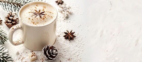 Winter theme featuring coffee on a white background Space for your text Copyspace