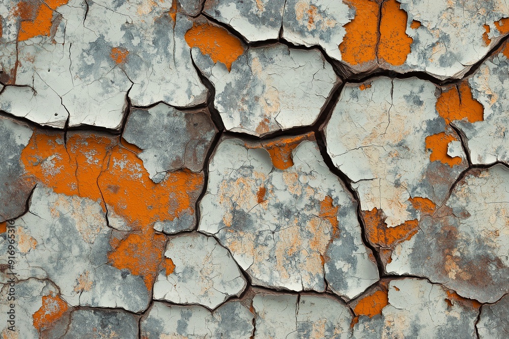 Wall mural the wall is cracked and peeling, with orange and white paint. grunge texture, overlay texture.