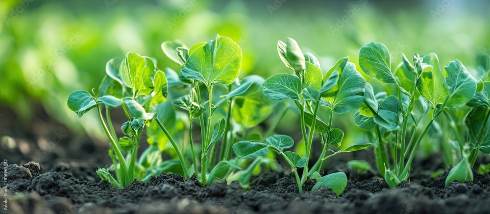 Aufkleber green pea plants growing in a vegetable garden. with copy space image. Place for adding text or design