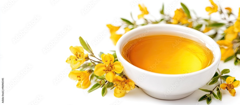 Poster a bowl of honey with surepka flowers on a white background surepka has antioxidant benefits and incl