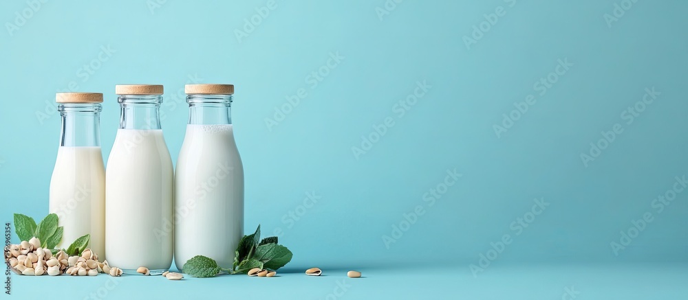 Aufkleber ingredients for creating different plant based lactose free vegan milks alongside bottles of milk se