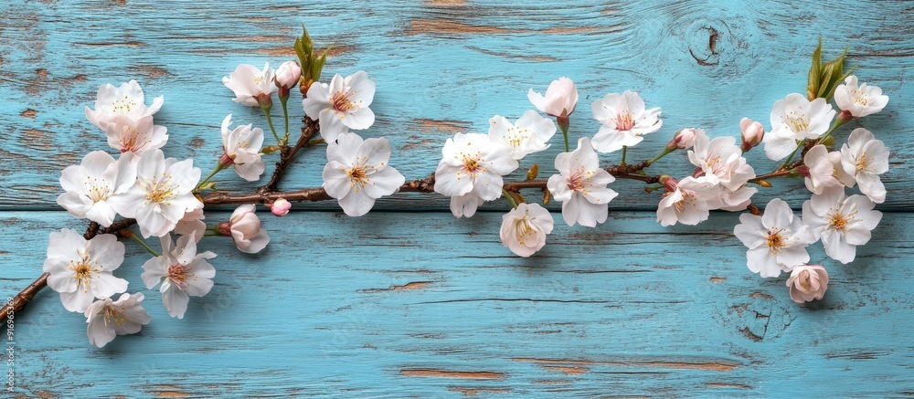 Poster Branch with cherry blossoms set against an aged blue wooden background. with copy space image. Place for adding text or design