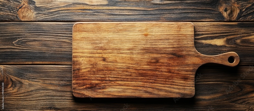 Poster Empty cutting board on a wooden surface Kitchen board Room for text Top view. with copy space image. Place for adding text or design