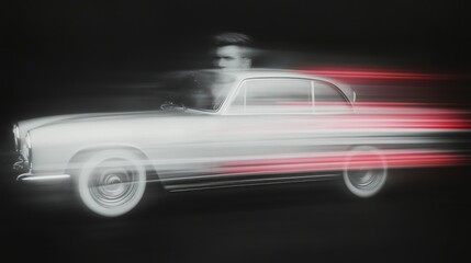 Obraz premium Vintage car speeding through a city street at night with light trails captured in motion