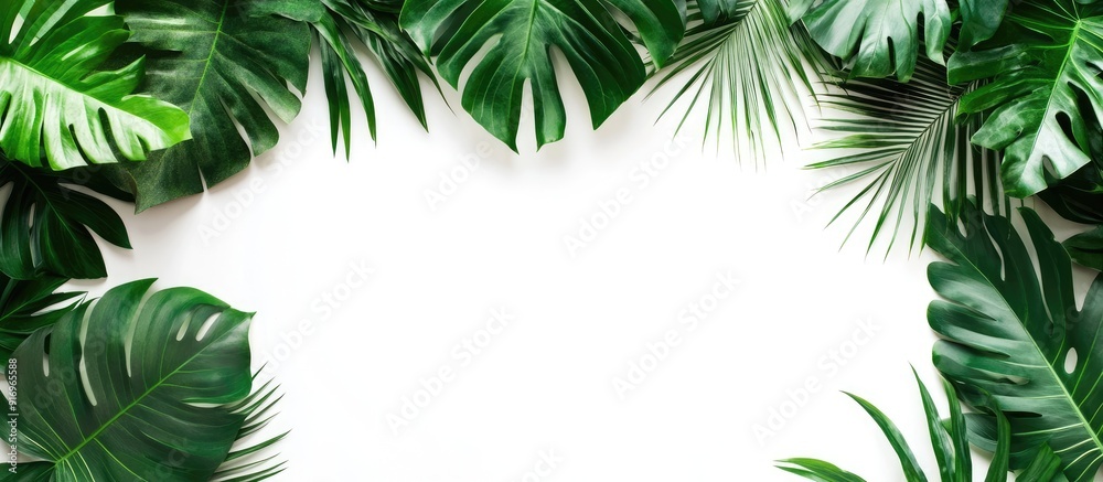 Fototapete tropical tree leaves on a white background for a green foliage backdrop. with copy space image. plac