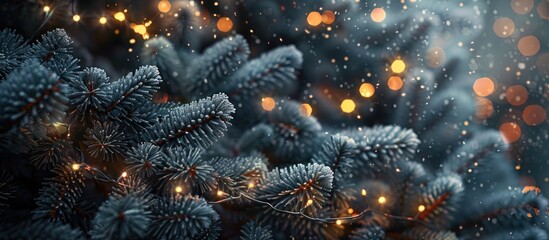 Fototapeta premium A snow covered spruce tree lit by white lights seen up close A dark twilight evergreen forest serves as the background An idyllic winter scene perfect for Christmas celebration decoration and holiday