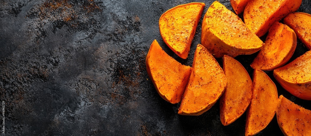 Fototapete baked pumpkin slices on a dark background viewed from above. with copy space image. place for adding