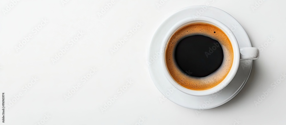 Poster A cup of black coffee set against a white background viewed from above. with copy space image. Place for adding text or design