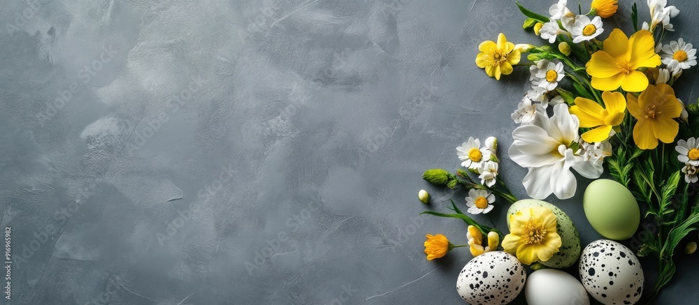 Aufkleber easter decorative corner featuring yellow green and white flowers along with quail eggs on a gray pa