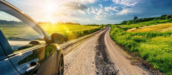 Driving a vehicle through lush country fields and forests on a bright day Clear blue sky Picturesque rural setting landscape concept Nature secluded areas logistics summer getaways road trip