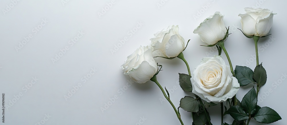 Poster White Rose A bunch of delicate roses against a white backdrop Space for text A romantic setting for spring celebrations. with copy space image. Place for adding text or design