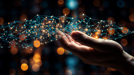 Human hand reaching into glowing digital network, illustrating connectivity and technological innovation in a futuristic, abstract setting with bokeh lights