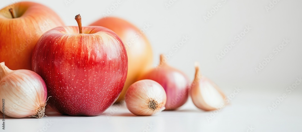Poster image of an apple and onions on a white background. with copy space image. place for adding text or 