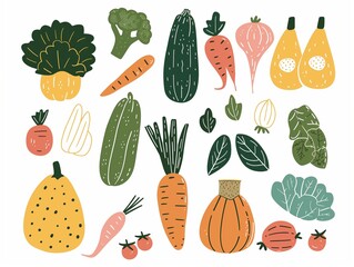 Set of various vegetables simple illustration. AI generated