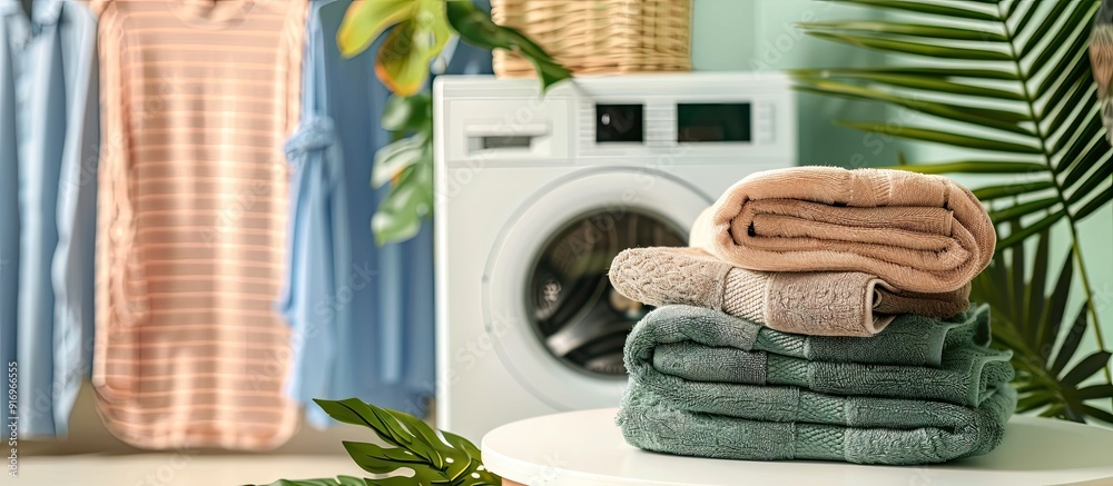 Poster stack of clean towels alongside a plant on the washing machine in the laundry room. with copy space 