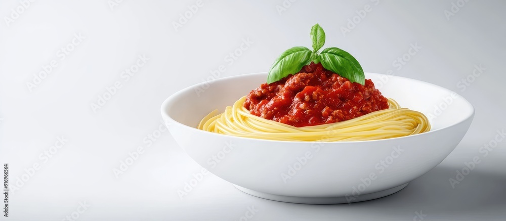 Poster italian cuisine spaghetti with bolognese sauce in a white pasta bowl. with copy space image. place f