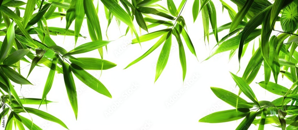 Fototapete bamboo leaves set against a white background. with copy space image. place for adding text or design
