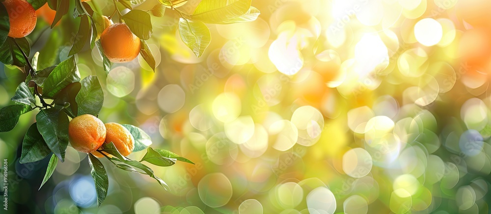 Aufkleber Blurred bokeh backdrop featuring citrus orange fruits and green leaves in the garden. with copy space image. Place for adding text or design